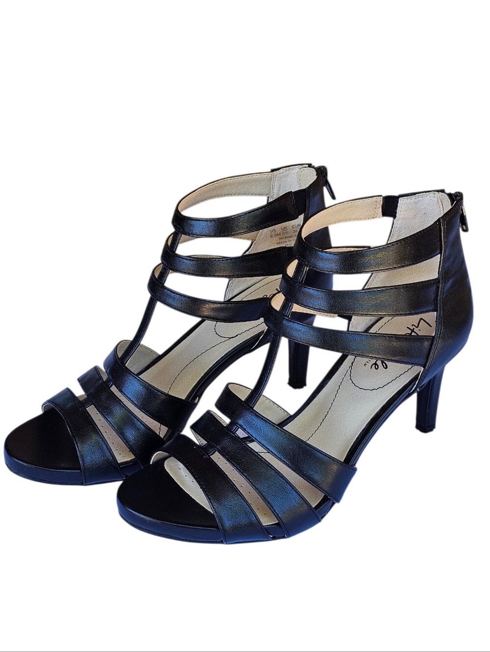 Women's Black Strappy Mid-Heel Sandals